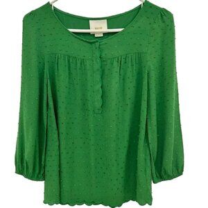 Anthropologie Maeve Scallop Edge Swiss Dot Blouse Green 2 Rayon 3/4 Sleeve